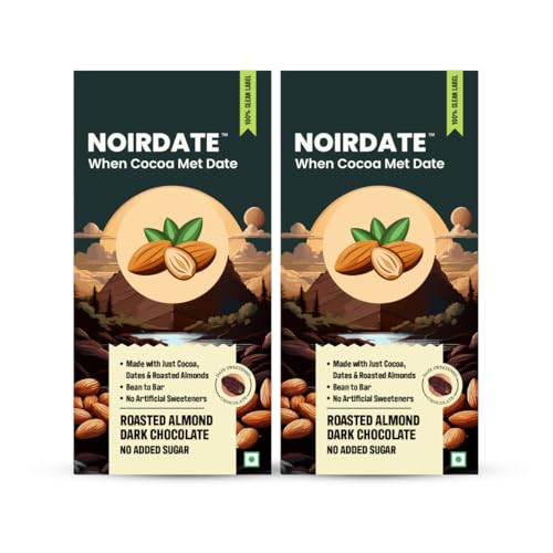Image of NoirDate Roasted Almond Dark Chocolate - 75g, Bean to Bar, Sweetened with Dates, Refined Sugar Free, Clean Label, Healthy & Guilt-Free, Vegan, Rich in Antioxidant (Pack of 2)