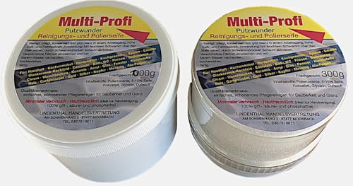 Multi-Profi Putzwunder ist eine Reinigungs- und Polierseife. Reinigt, pflegt und konserviert und gibt strahlenden Glanz in einem Arbeitsgang. Minimaler Verbrauch - Hautfreundlich ! 1000 gr.