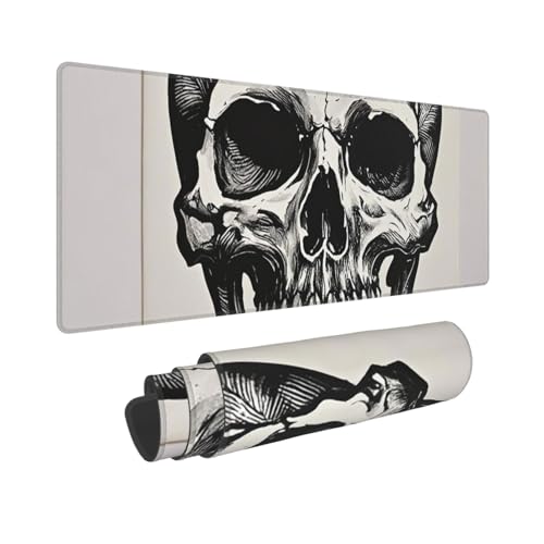 Tapis de souris de jeu XXL 80x30cm blanc avec motif tête de mort et bords cousus antidérapant