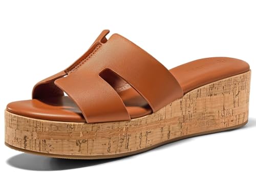 Coutgo Women's Platform Wedge Sandals Open Toe Slip On Slides Cork Heeled Cutout Comfortable Summer Shoes, Brown, Size 9