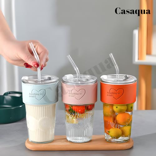 Image of Drinking Glass with Lids and Straw - 400ml, Set of 1, Fruit Juice Cups, Glass with Lids and Straws, Wide Neck, Coffee Glass for Coffee, Smoothie, Milkshake, Juice (Random Design, Multicolor)