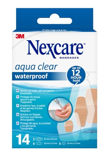 Nexcare Apósitos Aqua Clear Waterproof - Tamaños Variados, 14 Tiras Adhesivas por Paquete - Impermeables para Heridas y Rasguños Menores, Adecuadas para Kits de Primeros Auxilios