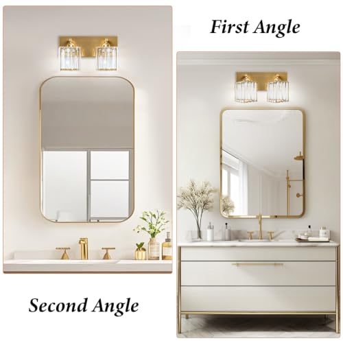 Image of Gold Crystal Bathroom Vanity Light, 2-Light Modern Bathroom Lighting Fixtures Over Mirror,Chrome Wall Sconce Light Fixtures with Square Shade