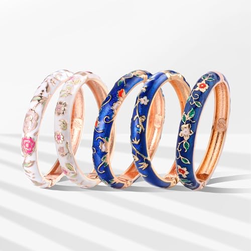 Image of UJOY Bangles 5 Pcs Enamel Jewelry Set Rose Flower Engraved Cloisonne Bracelets Pack in a Box 5PCS