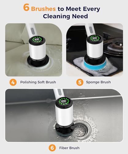 Image of Cordless Electric Spin Scrubber, 6 Brush Heads, Long Handle | Power scrubber, adjustable long handle, IPX7 rated body, lightweight grip, bathroom, kitchen, tile, grout, tub, shower, floor