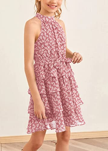 Imily Bela Girls Floral Ruffle Dress Halter Neck Kids Chiffon Summer Party Dress With Belt Pink #TOP2
