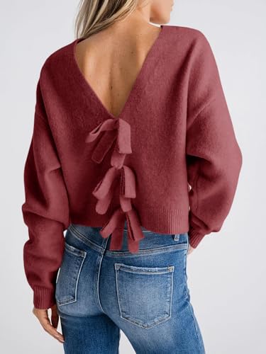 Image of Saodimallsu Womens Bow Sweater Cropped V Neck Long Sleeve Pullover Tops | Soft Cozy Knit, Two-Way Wear Design, Front & Back Bow, Cute Fall Tops 2026, Winter Fashion, Dressy Casual Holiday Outfits