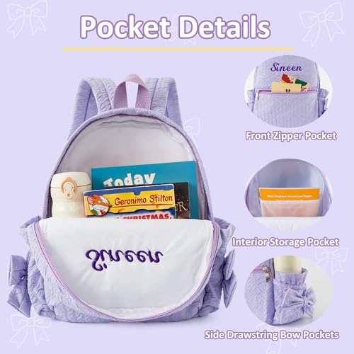 Image of 15inch Daycare Backpack Personalized Large Backpack with Name | Cute Purple Backpack for Age 4-6,Lightweight Quilted Fabric,Water Bottle Pockets with Bow,Custom Baby Gift,Embroidered Name
