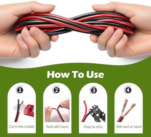 100FT 20 Gauge 2pin 2 Color Red Black Cable Hookup Electrical Wire LED Strips Extension Wire, 20AWG OFC 12V/24V DC Extension Cable Wire Cord for Led Strips Single Color 3528 5050