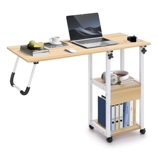 Warmiehomy Overbed Table with Lockable Wheels & Liftable Top,Movable Foldable Bed Table Adjustable Height 70~88cm,Bedside Desk for Working Reading Eating Bedroom Sofa(Beige)