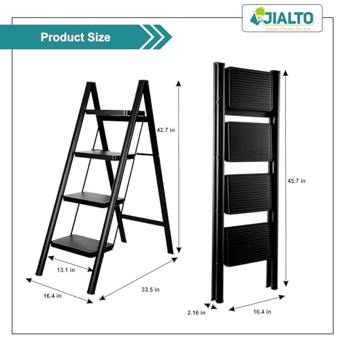 Image of JIALTO 4 Step Metal Ladder for Home, Foldable Lightweight Stepping Stool with Wide Pedals, Anti Slip Heavy Duty 150 Kg Capacity, Portable for Kitchen, Office & Library (Black)