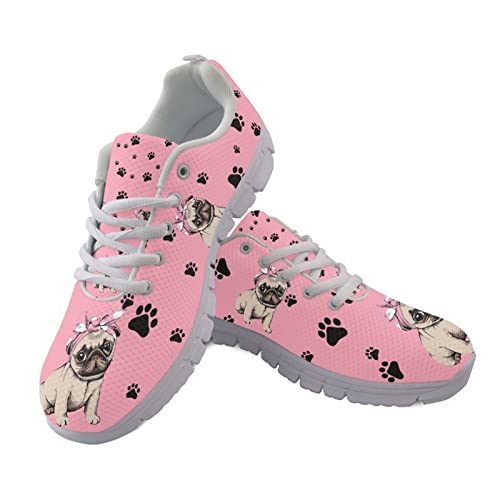 Jndtueit Damen Slip on Schuhe Rosa Mops Hund Walking Sneakers Fashion Athletic Sport Schuhe Welpen Hundepfote Muster Air Mesh Jogging Sneaker