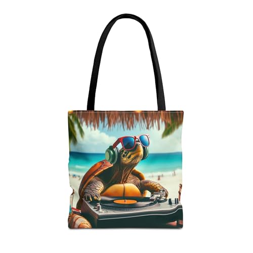 Premium Tote Bag with Reinforced Stitching Featuring a DJ Turtle Spinning Records at a Beach Party