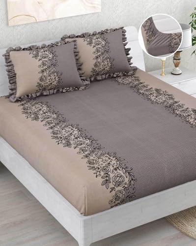 Image of 350 TC Premium Heavy Cotton Feel Elastic Fitted Bedsheet King Size with 2 Frill Pillow Covers King Size || Double Bed with All Around Elastic (Coffee Frill, Double)
