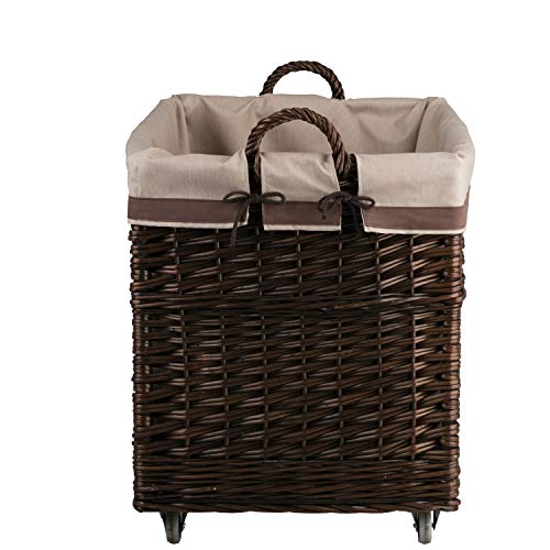 Cesta de mimbre para chimenea rectangular con ruedas y forro 6