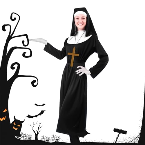 Genérico Disfraz De Monja – Traje De Halloween Para Adultos Inspirado En La Virgen María – Vestido Religioso | Ropa De Juego De Rol Con Tocado Y Collar De Cruz – Túnica De Fiesta Para Mujer