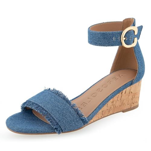Aerosoles Women's WILLIS Wedge Heel Ankle Strap Sandal, Medium Blue Denim, 6.5W