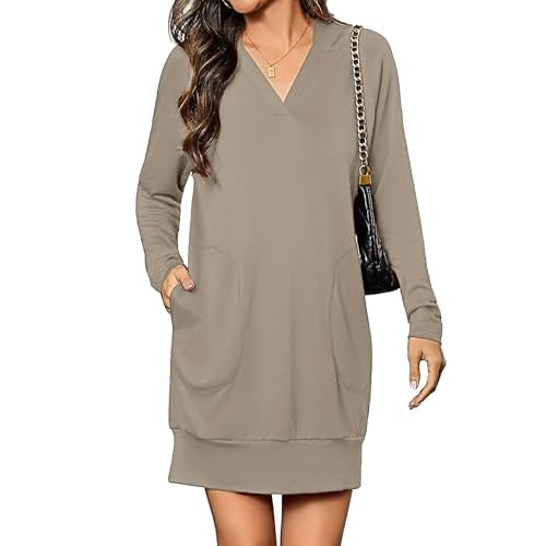 Totatuit Women Oversized Hoodies Dress Casual Long Sleeve V-Neck Hooded Sweatshirt Dress with Pockets 2025 Fall Outfits Coffee Gray X-Large