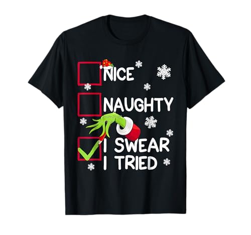 Groovy Naughty I Swear I Tried Christmas Xmas Men Women Kids T-Shirt