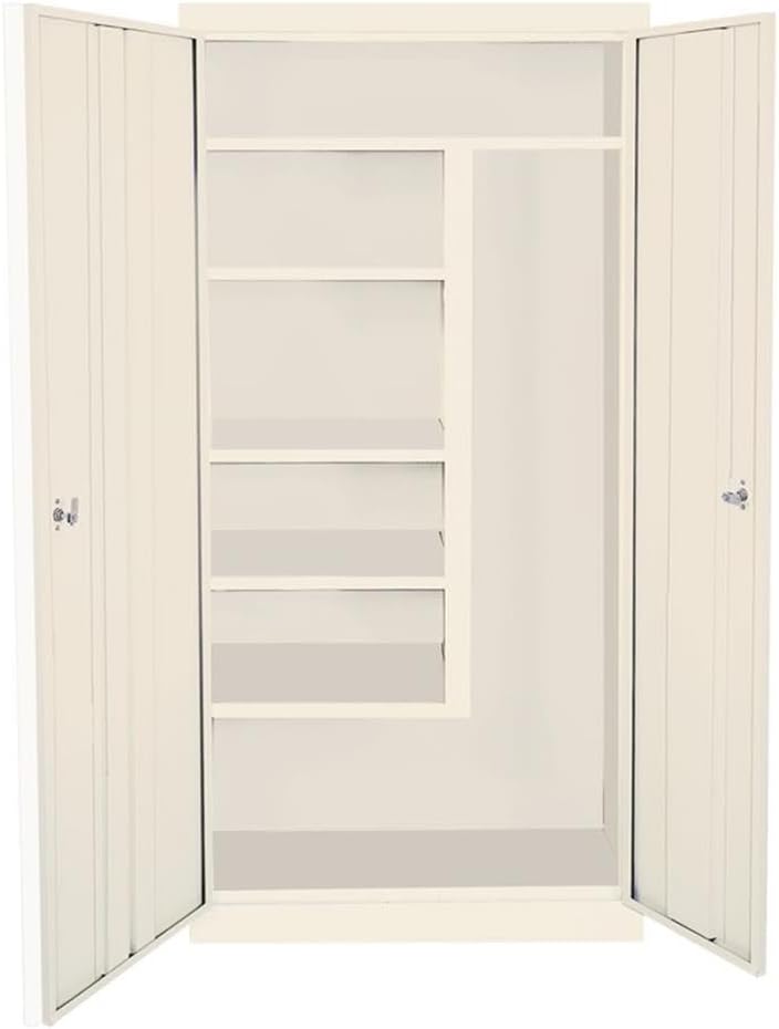 Pemberly Row Modern Industrial Metal Office Janitorial Cabinet, Almond Finish, 30 x 18 x 72 in, 2 Door Design with 3 Adjustable Shelves, Floor Standing Storage Cabinet for Office or Cleaning Supplies