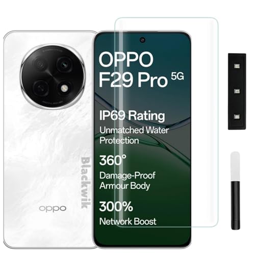 Image of DD SON UV Advanced Tempered Glass Screen Protector Guard Compatible For Oppo F29 Pro 5G (6.7 Inch, Pack of 1) Full Adhesive UV Curved Case Friendly HD Clarity with easy installation kit