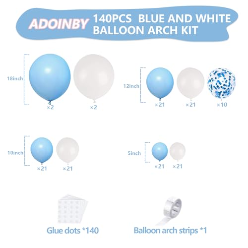 Image of Blue and White Balloon Arch Kit, ADOINBY 140Pcs Pastel Light Blue and White Balloon Garland kit, 18 12 10 5 Inch Different Size Balloons for Baby Shower Birthday Gender Reveal Anniversary Decorations