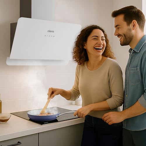 CIARRA CBCS6765C A+ Kopffrei Dunstabzugshaube 60 cm Schräghaube Umluft 580 m³/h mit CBCF055 Aktivkohlefilter 3 Leistungsstufen Touch-Bedienung Wandmontage Abzugshaube für Küchen Edelstahl Glas Weiß