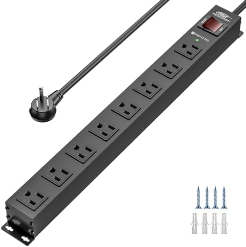 CRST 8 Outlet Metal Heavy Duty Power Strip, 2100J Power Strip Surge Protector, 6FT Cord Mountable Wide Spaced Workshop Garage Power Strip, 15A/1875W