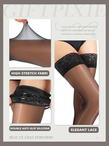 Silk Thigh High Stockings for Women, Shiny Reinforced Lace Top Tights with Anti-Slip Silicone, Sexy Sheer Lingerie3