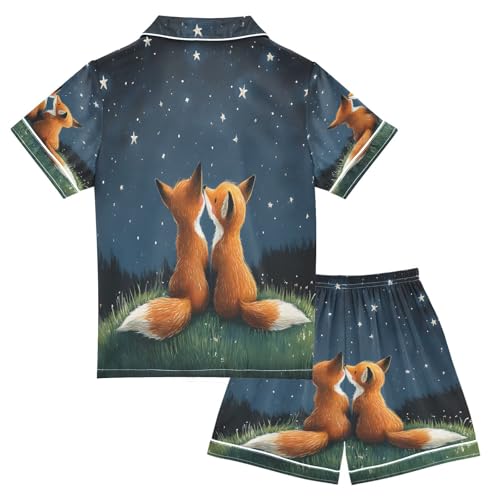 ALAZA Fox Space Starry Sky Satin Pajamas Set Short Sleeve Button Down Sleepwear Summer Pjs 2 Piece2