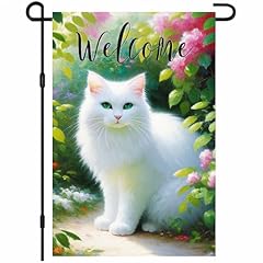 White Cat Garden Flowers Welcome