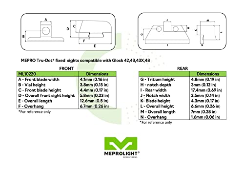 Meprolight® Mepro Tru-Dot® Fixed Tritium Day And Night Sights Compatible With Glock 42,43,43X,48 Green Tritium Dots For Low Light And Night Conditions #TOP4