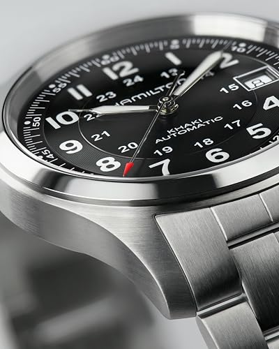 Image of Hamilton Khaki Field Automatic Men's Watch, 38mm Stainless Steel Case, Swiss Made, Black Dial Analog Wrist Watch for Men, 100m Waterproof, Sapphire Crystal, 3-Hand Movement, Stainless Steel Strap