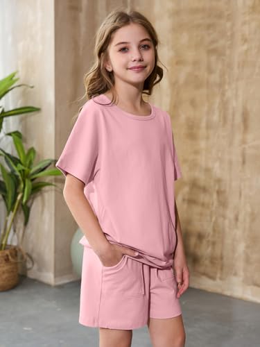 Image of Willow Dance Girls 2 Piece Outfits Cotton Summer Short Sleeve T Shirt Tops and Drawstring Shorts Clothing Sets