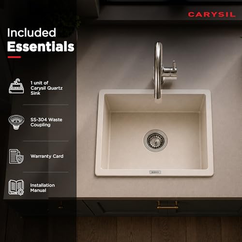 Image of Carysil DOLCE UK Quartz Kitchen Sink 15 x 18 x 8 inches, Single Bowl, 80% Quartz & 20% Resin, Heat Resistant 300C, 50kg Load, Scratch & Stain Resistant, Granite Sink, 304 SS Coupling - Cream