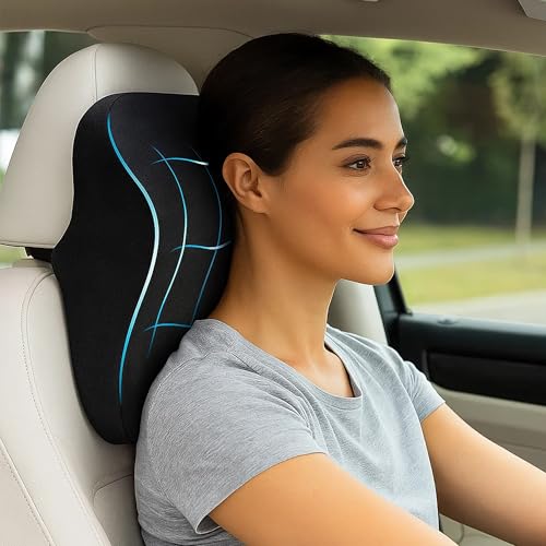 Image of Sulfar Neckrest Cushion for Neck and Cervical Support - Car Headrest Memory Foam Pillow - Designed to Relieve Neck Pain and Muscle Tension with Balanced Softness (Black, Pack of 1) Large