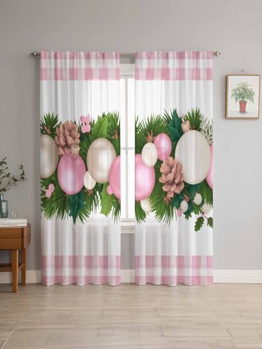 Hokiten Christmas Balls Pink Sheer Curtains 108 Inch Length 2