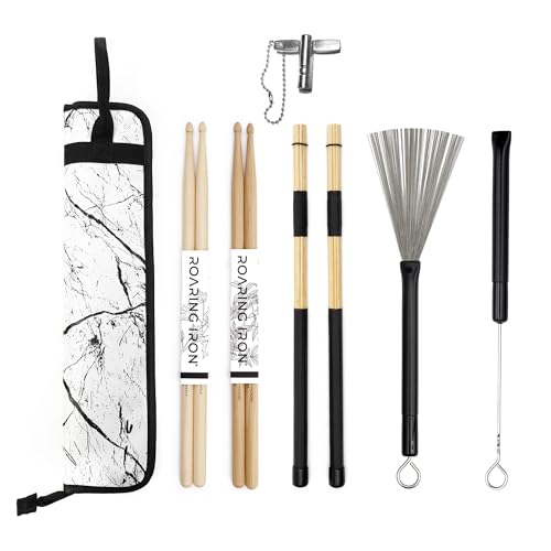 Set of Marble Pattern Leather Drumstick Bag with 5A Hickory Drumsticks, 5A Maple Drumsticks, Drum Brushes, Rute Sticks and Drum Key