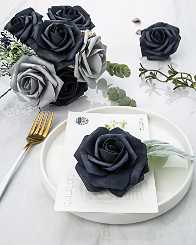 DuHouse 25Pcs Artificial Roses Flowers Fake Rose with Stems Real Touch Foam Flower Head for DIY Wedding Bridal Bouquet Baby Shower Centerpiece Floral Arrangement Party Home Decor(Navy Blue) - Image 4