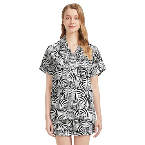 Image of Funny Pajamas for Women Set Print Satin Loungewear Pjs Short Sleeve Button Down Top and Shorts Sets Sleepwear XS-3XL