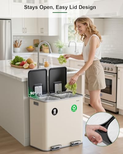 Lovewind 2×11.5 Gallon Dual Trash Can, Stainless Steel Dual Garbage and Recycling Can with Foot Pedal, 90° Stay-Open Lid, Large Dual Compartment Trash Recycling Bins Kitchen, Apricot - image 5
