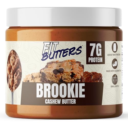 Fit Butters Brookie Cashew Butter - Added Protein and Coconut Oil, Low Carb, Low Sugar, Complete Protein Dessert Flavored Nut Butter