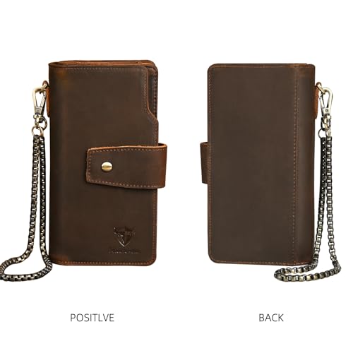 Image of Genuine Crazy Horse Leather Travel Gift Coin Pocket Card Case Long Organizer Chain Rfid Wallet Purse With Snap For Men Male 1803 1815 (W-1820-Brown)
