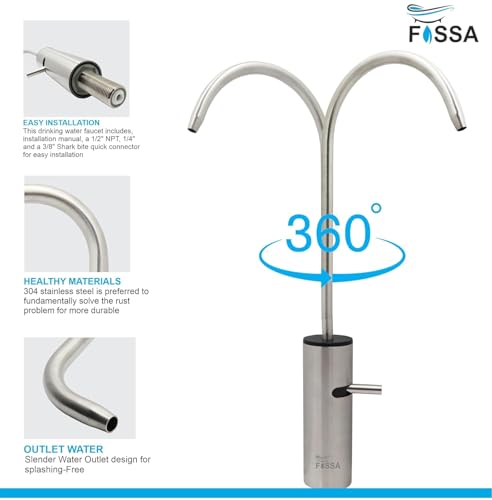 Image of Fossa Opera J Bend RO Tap Kitchen Water Filter Faucet, 100% Lead-Free Drinking Water Faucet Stainless Steel Brushed Nickel Finish Silver