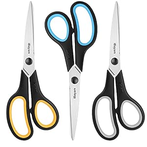 Scissors All Purpose, iBayam 8″ Heavy Duty Scissors Bulk 3-Pack, 2.5mm Thickness Ultra Sharp Blade Shears with Comfort-Grip Handles for Office Home School Sewing Fabric Craft Supplies, Right/Left Hand
