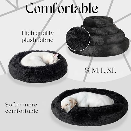 Image of ZEXSAZONE Summer Round Donut Calming Dog and Cat Bed, Anti-Anxiety Warming Soft Fluffy Faux Fur Plush Cushion for Medium Dogs, Cats & Puppies, Black Medium