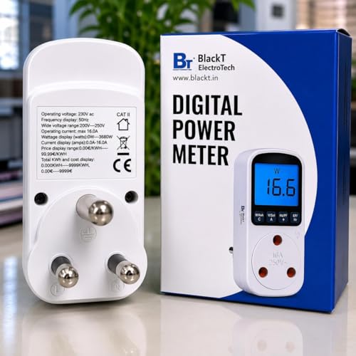 Image of Blackt Electrotech BT72PM6 : 230 Volt 16 Amps 3-Pin Socket Digital Energy Analyzer High-Load Usage Monitor - Real-Time Watts, Volts, & kWh Tracking Module - Industrial-Grade 230V AC Plug-in Design