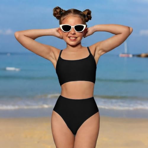 Mädchen Bikini 2 Teilig, Unifarbener Badeanzug mit Rundhalsausschnitt, Verstellbaren Trägern und Brustpolster, Bademode für Teenager Mädchen (DE/NL/SE/PL, Alter, 12 Jahre, 13 Jahre, Regular, Schwarz)