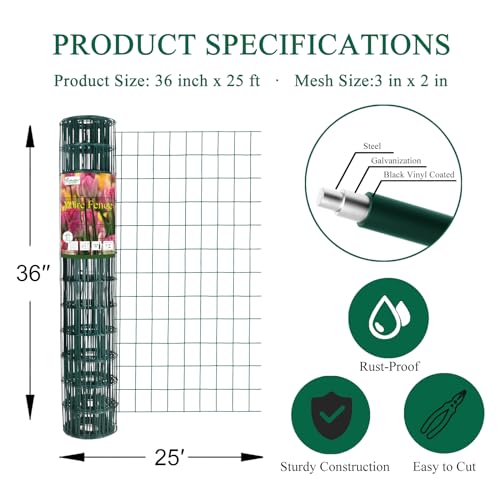 Green PVC Coated Welded Wire Fence 36 Inch x 25 Foot, 2 Inch x 3 Inch 16GA, Garden Border Fencing Roll Vinyl Coating Metal Wire Mesh for Yard Vegetable Plant Protection Poultry Netting