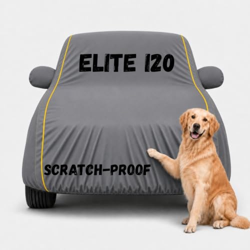 Image of Waterproof Car Cover for Elite i20 | Soft Cotton Lining Heavy Duty Triple Stitched Heat Resistant Outdoor Cover Comes with Mirror and Antenna Pocket Full Bottom Elastic (Zig Zag Grey)